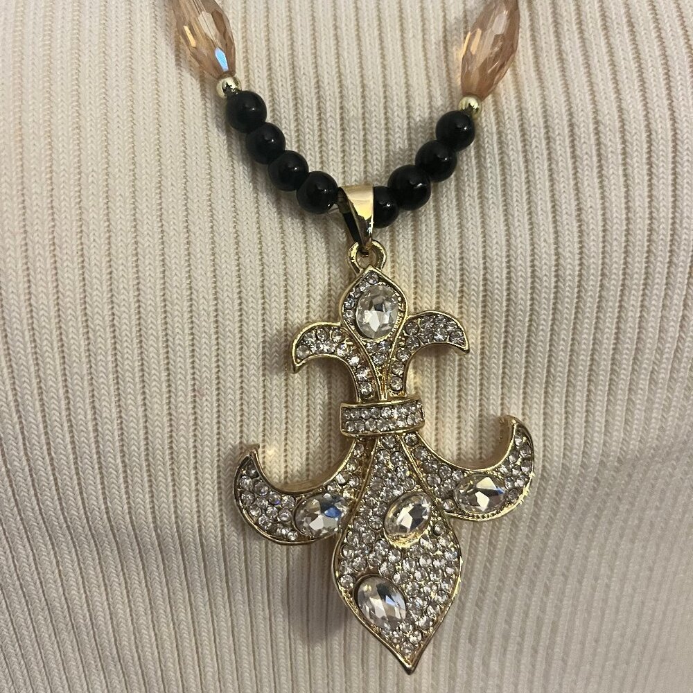 Black Beaded and Crystal Fleur-de-lis Necklace